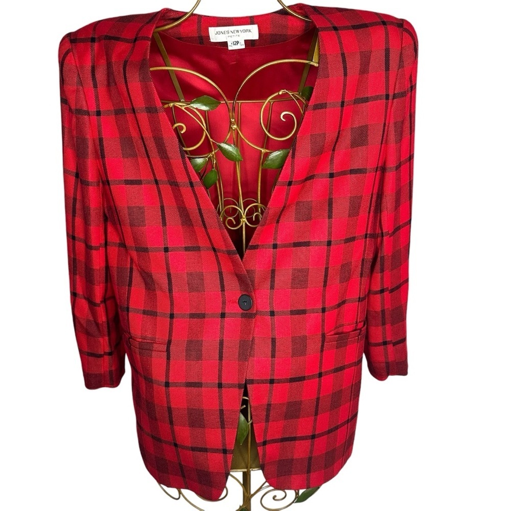 Vintage Jones New York Petite Red Black Plaid Wool Blend Blazer Suit Jacket 12P